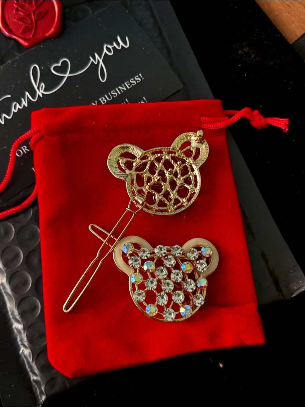Rhinestone Teddy Bear Hair Clips Set of 2